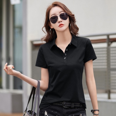 夏季2025新款翻领短袖T恤女装纯棉韩版宽松纽扣Polo衫紫色外货源
