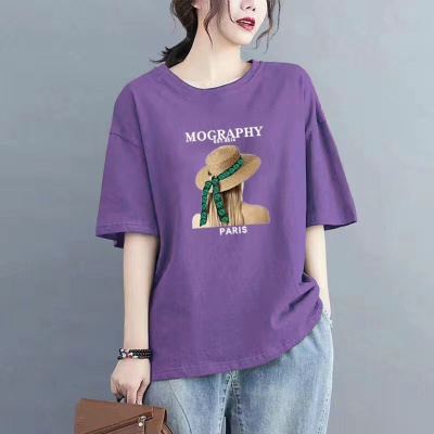 高档舒适女士t恤中长款短袖T恤100%纯棉夏季通勤百搭大码洋气上衣