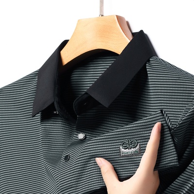 2025男士短袖翻领T恤男时尚休闲烫钻 条纹半袖POLO衫中年男装代发