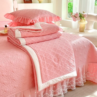 A类母婴级夏凉被夹棉床盖四件套可机洗三件套蕾丝花边空调薄被子