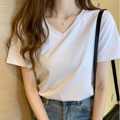 纯棉V领短袖T恤女内搭2024年春夏季新款220g正肩打底白色半袖上衣