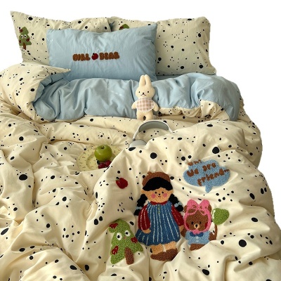 母婴级A类纯水洗棉毛巾绣四件套全棉床单被罩床笠学生宿舍三件套