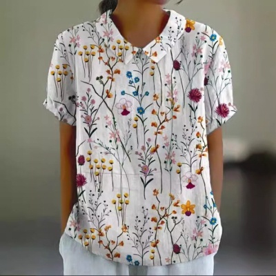 跨境外贸2024夏季女装新款亚马逊宽松印花圆领休闲大码套头女装T