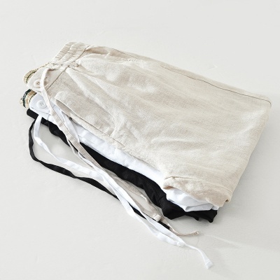 1626男士亚麻休闲裤抽绳松紧腰长裤宽松透气麻料七分裤子一件代发