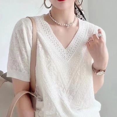 欧货设计感V领针织T恤女2024春夏新款百搭宽松时尚显瘦短袖针织衫