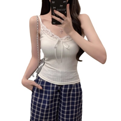 765#纯欲性感蕾丝拼接坑条吊带背心女带胸垫内搭修身显瘦打底衫