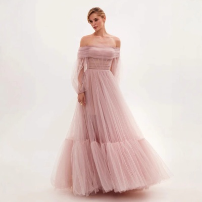 2025年新款跨境外贸长款女装wish一字肩网纱长袖婚纱礼服薄纱长裙