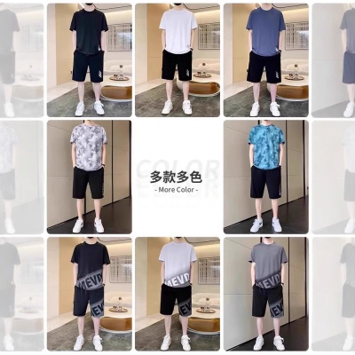 夏季速干渐变色冰丝套装男士宽松潮流短袖短裤休闲运动两件套男装