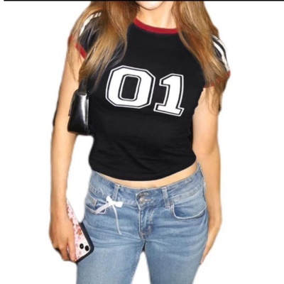 跨境外贸欧洲数字印花个性休闲女士上衣短款圆领街头时尚性感