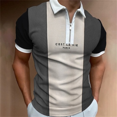 跨境外贸男士夏季短袖条纹拉链POLO衫男士休闲运动翻领高尔夫上衣