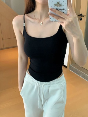 2025款夏季纯欲褶皱细肩带可调节珍珠设计吊带背心女收腰显瘦内搭