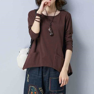 纯色大码女装设计感口袋长袖t恤女秋装2025新款宽松复古简约上衣