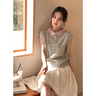 衣尔衫 miu风 氛围感撞polo领针织衫女麻花显瘦百搭短袖气质0341