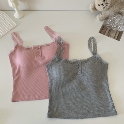 纯欲风法式吊带背心女带胸垫内搭外穿性感蕾丝小众纽扣无袖打底衫