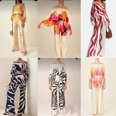 2025春季新款套装欧美女装印花圆领宽松蝙蝠袖收腰阔腿裤时尚套装