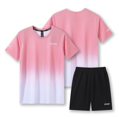 渐变运动套装女士夏季健身短袖T恤速干衣服跑步宽松休闲运动大码