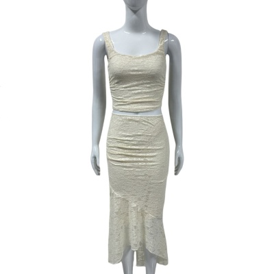 欧美女装春夏新款性感辣妹褶皱背带上衣法式气质蕾丝半身裙套装