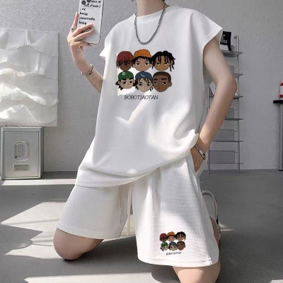 夏季新款大码男士运动套装华夫格潮无袖背心t恤百搭休闲两件套12