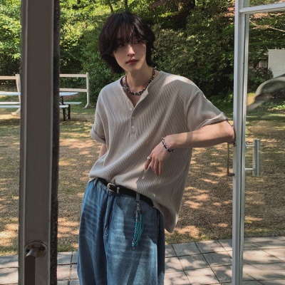 MYQ亨利领短袖T恤男士夏季宽松百搭体恤韩版潮流高级感半袖上衣