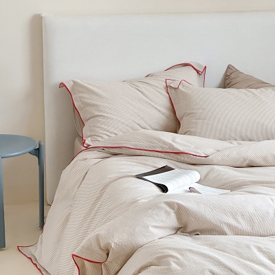 ins风密拷边全棉水洗棉条纹四件套纯棉被套床单亲肤裸睡床上用品