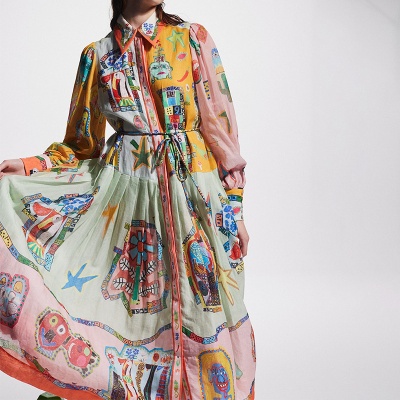 2025跨境新款欧美女装亚马逊复古灯笼袖印花长袖百褶欧美连衣裙女