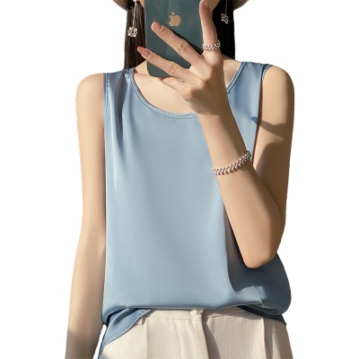 丝绸缎面2025春夏季新款女套头短款上衣无袖背心圆领吊带纯色内搭