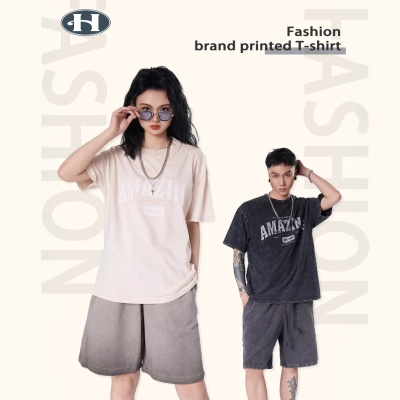 精梳棉男装短袖男T恤男女同款夏季新款休闲美式情侣水洗潮牌纯棉