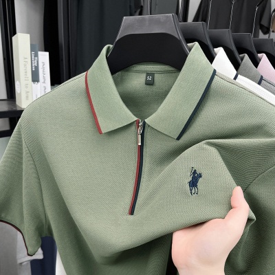 男士夏季新款半拉链时尚拼色刺绣男polo短袖中青年高端韩版休闲T