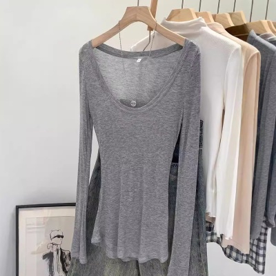 天丝亲肤薄款微透修身纯欲辣妹白色u领防晒打底罩衫T恤女早秋上衣