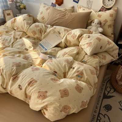 空调被薄被皱皱纱韩系可爱夏被小清新双拼印花可水洗超柔软四件套