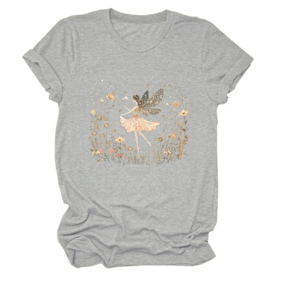 欧美ebay独立站时尚趣味个性女装圆领女孩精灵 花朵 叶子短袖T恤