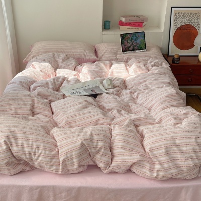 春秋条纹全棉四件套色织提花水洗纯棉被套床单宿舍三件套床上用品