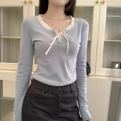 藏蓝色三粒扣上衣女美式复古bm修身短款罗纹长袖打底衫T恤女秋冬