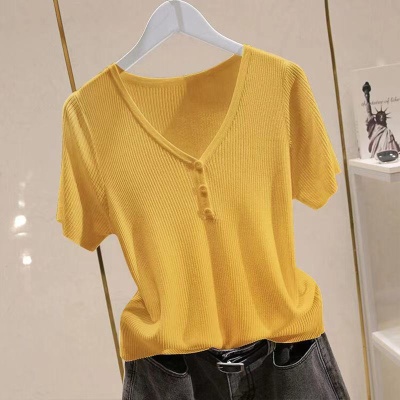 冰丝短袖t恤女针织衫2023夏季新款潮百搭薄款V领显瘦打底上衣外穿