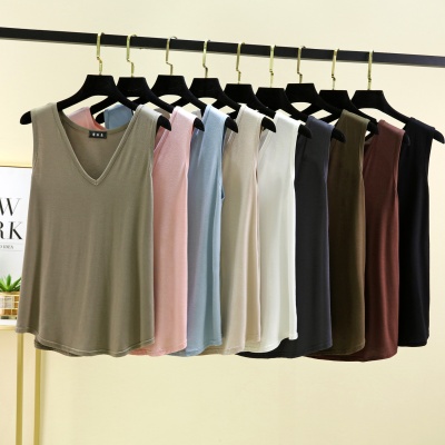 莫代尔V领背心女夏季薄款大码宽松无袖上衣可外穿T恤休闲打底衫