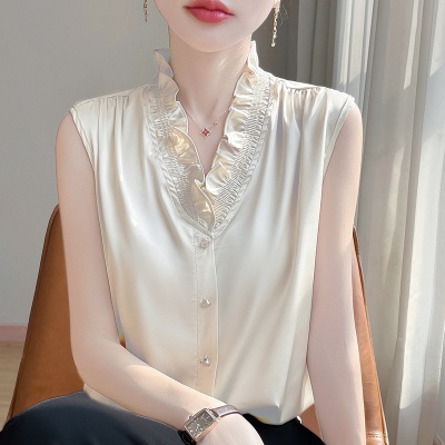 gao级感缎面木耳边背心吊带女v领夏季无袖上衣气质内搭衬衣打底衫