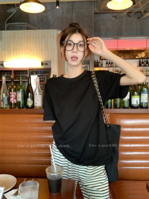 简约白色休闲基础款短袖T恤女装早春慵懒风圆领宽松显瘦套头上衣