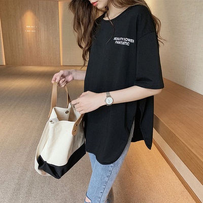 白色开叉T恤女大码中袖中长款潮流字母夏季简约圆领套头上衣女潮
