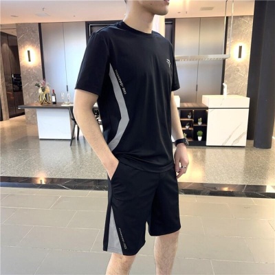 男士休闲运动套装时尚冰丝短袖短裤两件套透气跨境外贸