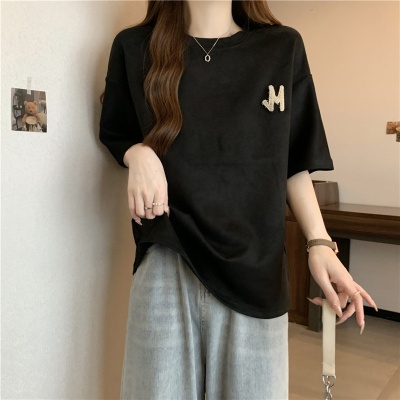 欧美风外贸短袖T恤女夏装宽松大码绣花字母半袖外穿打底衫上衣