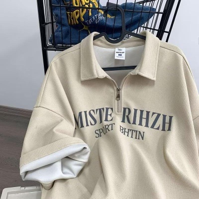 华夫格美式复古翻领t恤短袖男Polo衫重磅潮牌ins潮流体恤半袖夏装