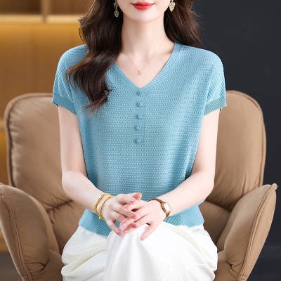 鸿3570夏季新款大码短袖外穿冰丝针织衫夏装上衣洋气宽松薄款T恤