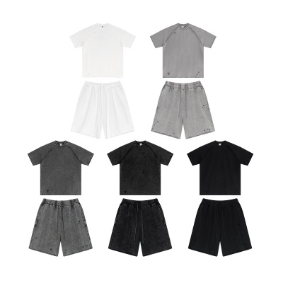 BE男装|2025夏季美式街头复古插肩短袖T恤卷边短裤休闲两件套男潮