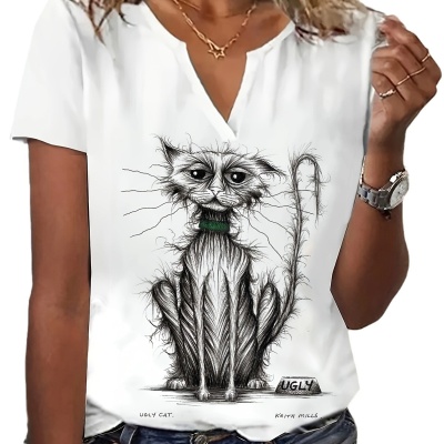 2024年夏季女士短袖T恤时尚独立日国旗猫印花短袖上衣休闲女装